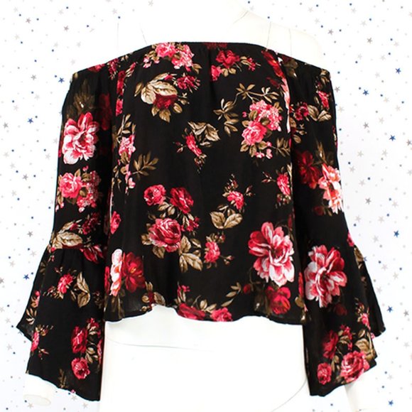 Tops | Bell Sleeve Floral Off Shoulder Top Black | Poshmark